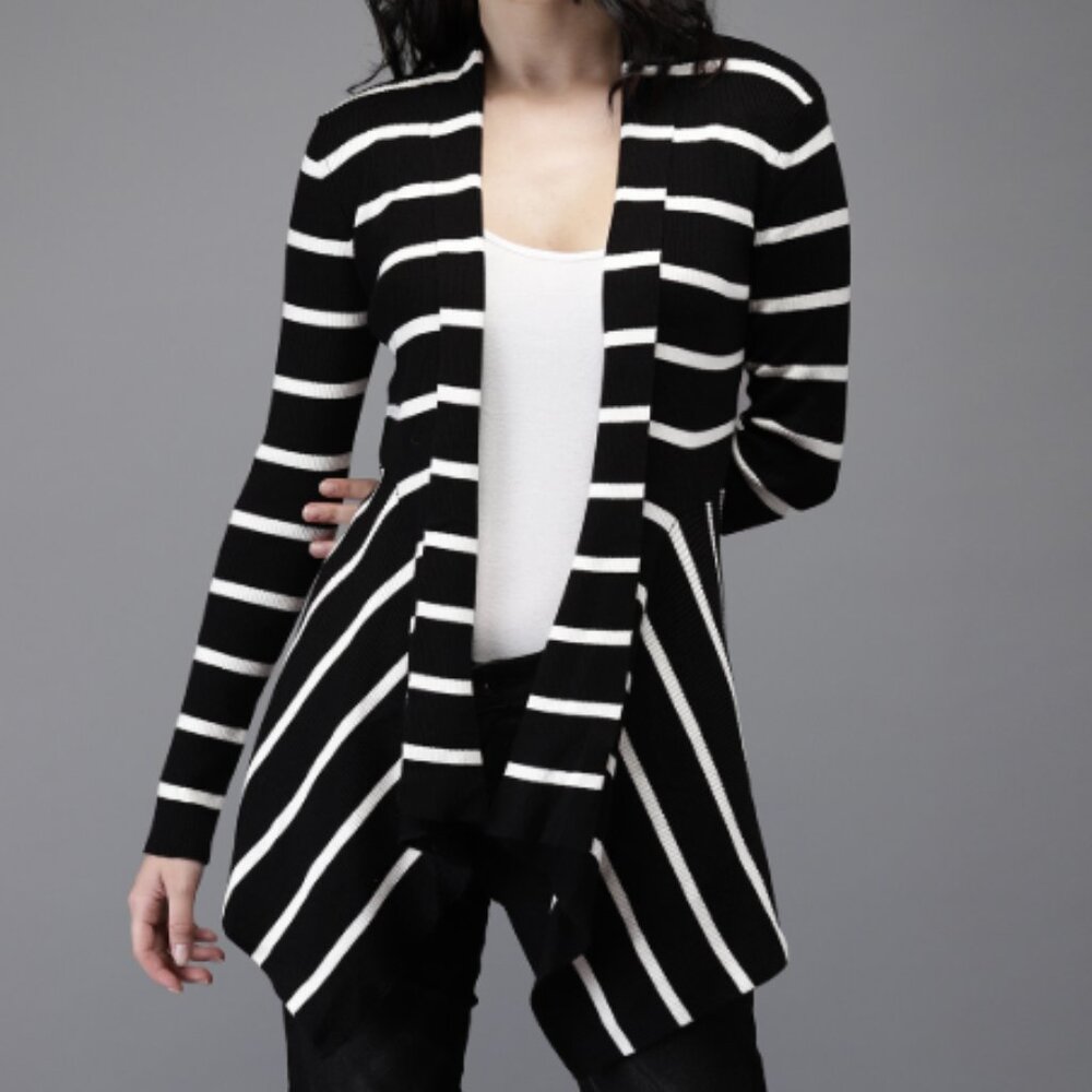 Carmen Marc Valvo Black White Striped Cardigan